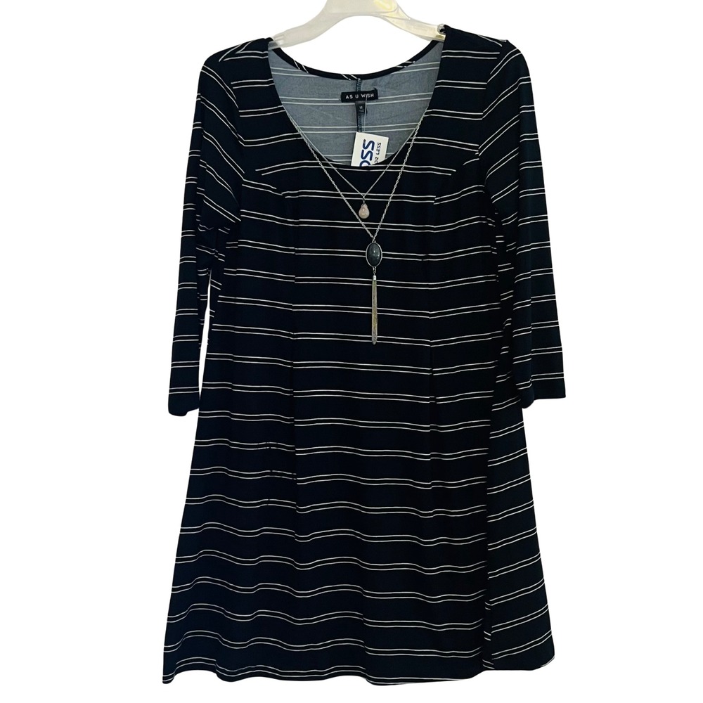 As U Wish Womens Junior Black White Striped Fit & Flare Dress with Necklace M